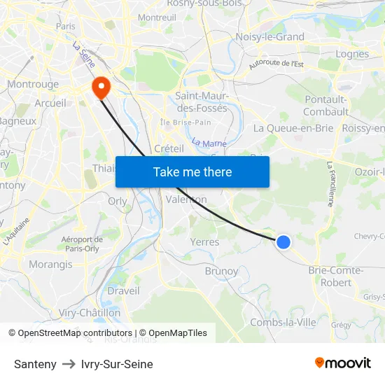 Santeny to Ivry-Sur-Seine map