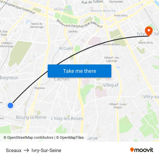 Sceaux to Ivry-Sur-Seine map