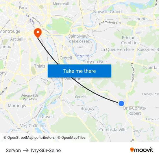 Servon to Ivry-Sur-Seine map
