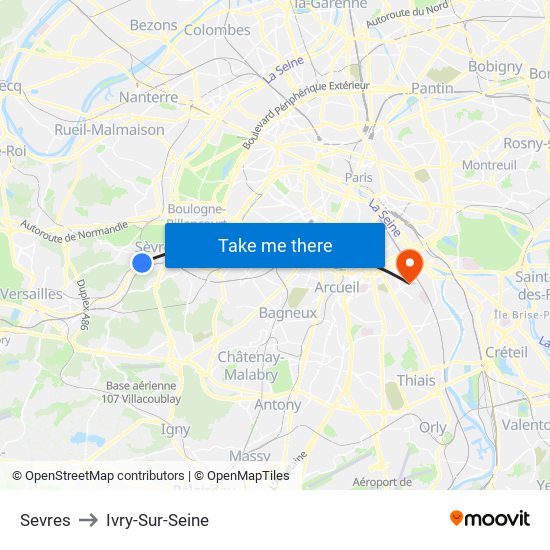 Sevres to Ivry-Sur-Seine map