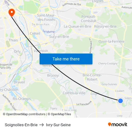 Soignolles-En-Brie to Ivry-Sur-Seine map