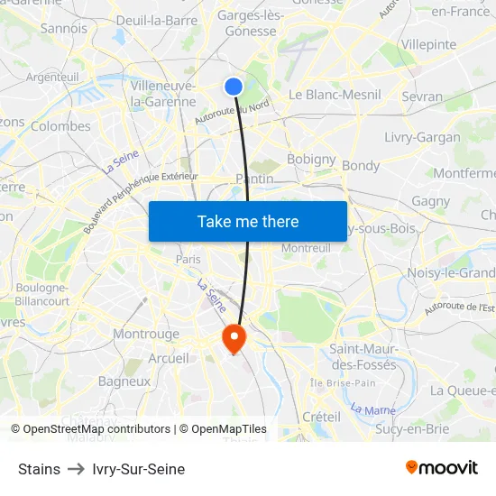 Stains to Ivry-Sur-Seine map