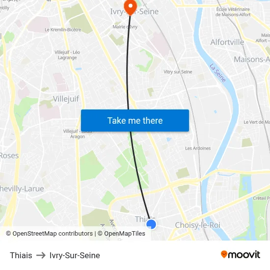 Thiais to Ivry-Sur-Seine map