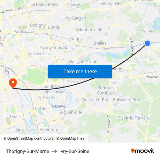 Thorigny-Sur-Marne to Ivry-Sur-Seine map