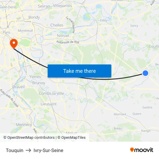 Touquin to Ivry-Sur-Seine map