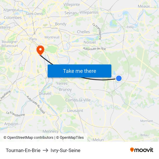 Tournan-En-Brie to Ivry-Sur-Seine map