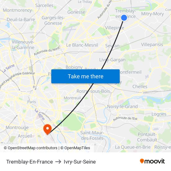 Tremblay-En-France to Ivry-Sur-Seine map