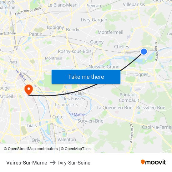 Vaires-Sur-Marne to Ivry-Sur-Seine map