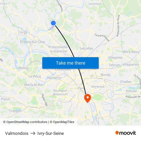 Valmondois to Ivry-Sur-Seine map