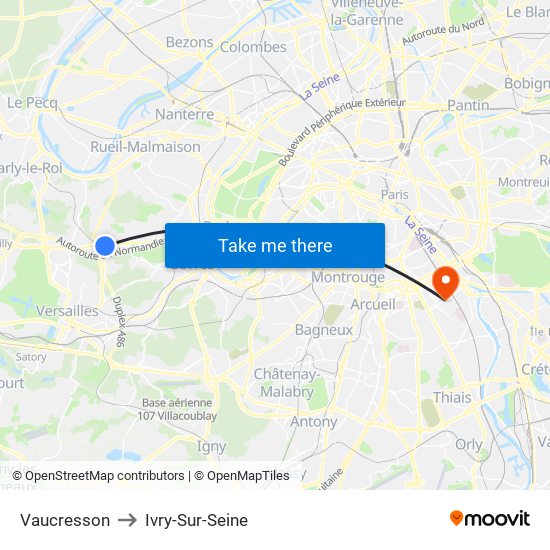 Vaucresson to Ivry-Sur-Seine map