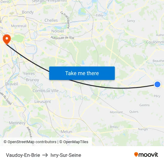 Vaudoy-En-Brie to Ivry-Sur-Seine map