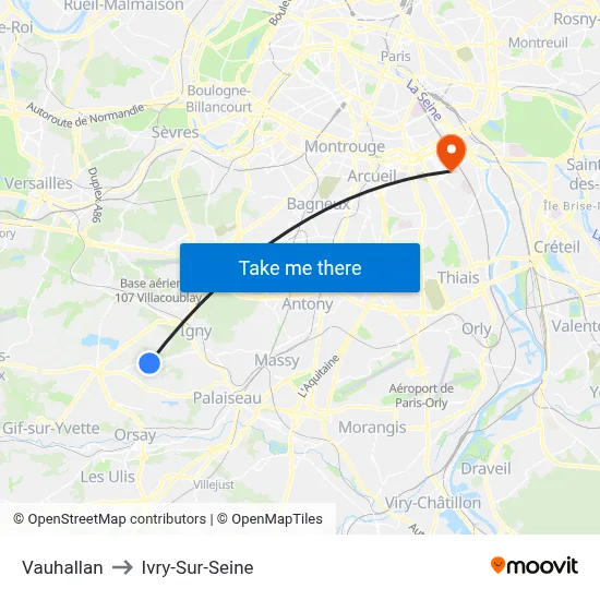 Vauhallan to Ivry-Sur-Seine map