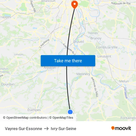 Vayres-Sur-Essonne to Ivry-Sur-Seine map