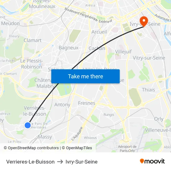 Verrieres-Le-Buisson to Ivry-Sur-Seine map