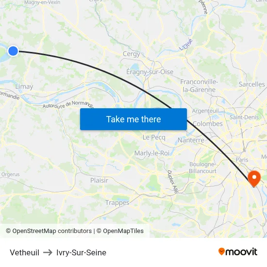 Vetheuil to Ivry-Sur-Seine map