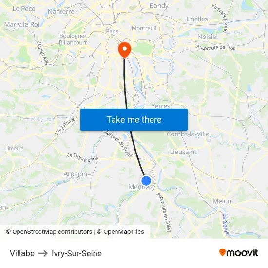 Villabe to Ivry-Sur-Seine map