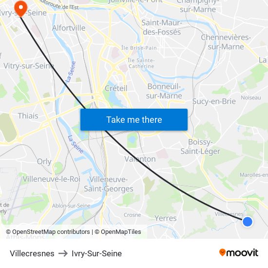 Villecresnes to Ivry-Sur-Seine map