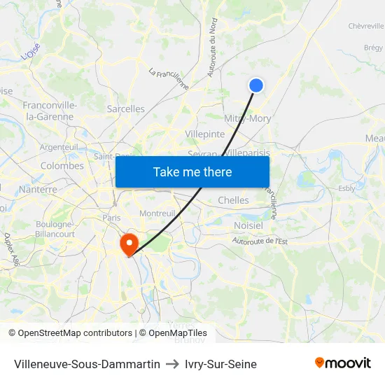 Villeneuve-Sous-Dammartin to Ivry-Sur-Seine map