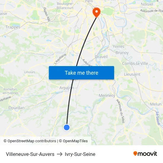 Villeneuve-Sur-Auvers to Ivry-Sur-Seine map