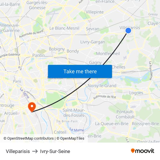 Villeparisis to Ivry-Sur-Seine map