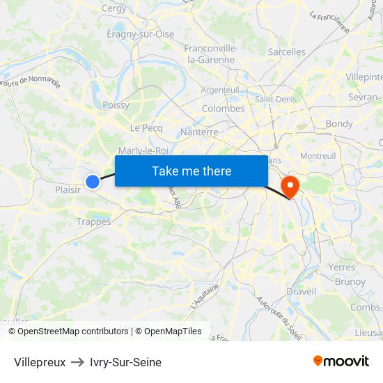 Villepreux to Ivry-Sur-Seine map