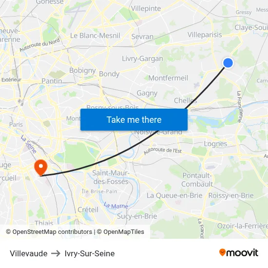 Villevaude to Ivry-Sur-Seine map