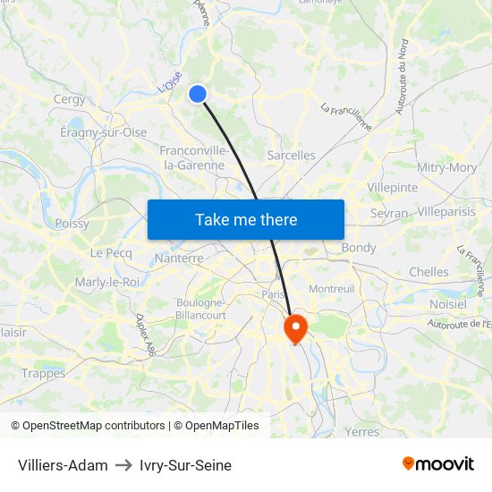 Villiers-Adam to Ivry-Sur-Seine map