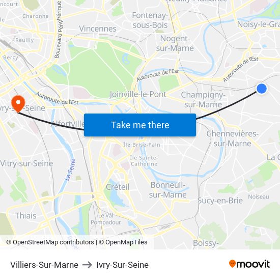 Villiers-Sur-Marne to Ivry-Sur-Seine map