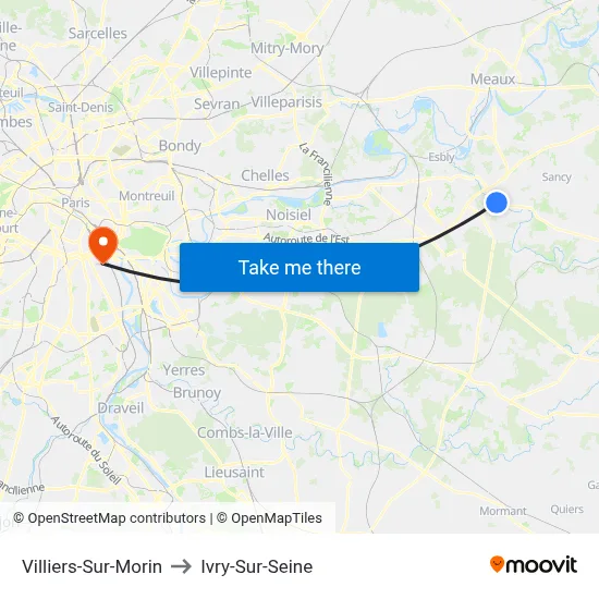 Villiers-Sur-Morin to Ivry-Sur-Seine map