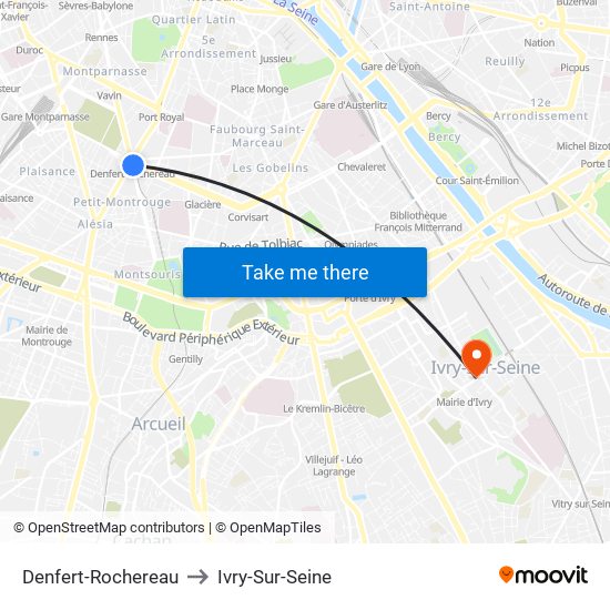 Denfert-Rochereau to Ivry-Sur-Seine map