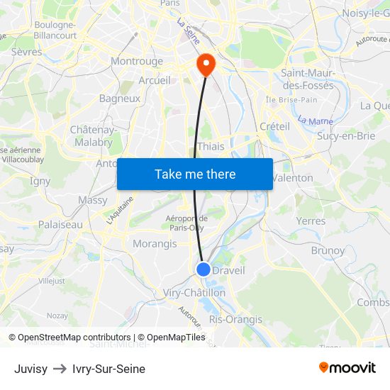 Juvisy to Ivry-Sur-Seine map