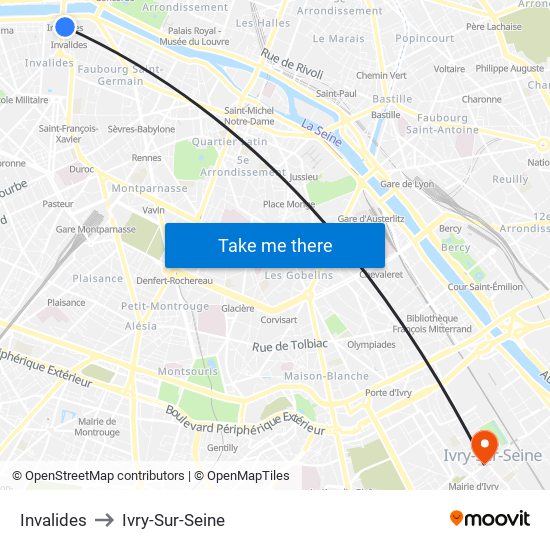 Invalides to Ivry-Sur-Seine map