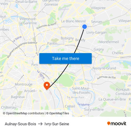 Aulnay-Sous-Bois to Ivry-Sur-Seine map