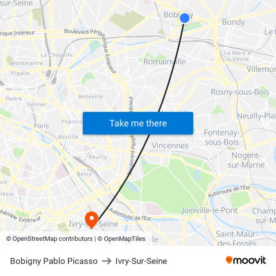 Bobigny Pablo Picasso to Ivry-Sur-Seine map