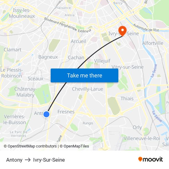 Antony to Ivry-Sur-Seine map