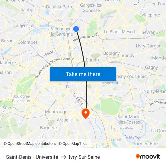 Saint-Denis - Université to Ivry-Sur-Seine map