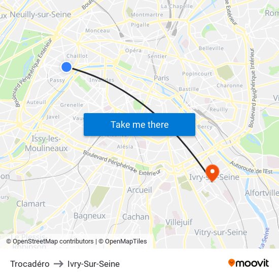 Trocadéro to Ivry-Sur-Seine map