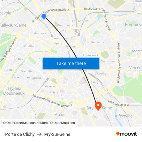 Porte de Clichy to Ivry-Sur-Seine map