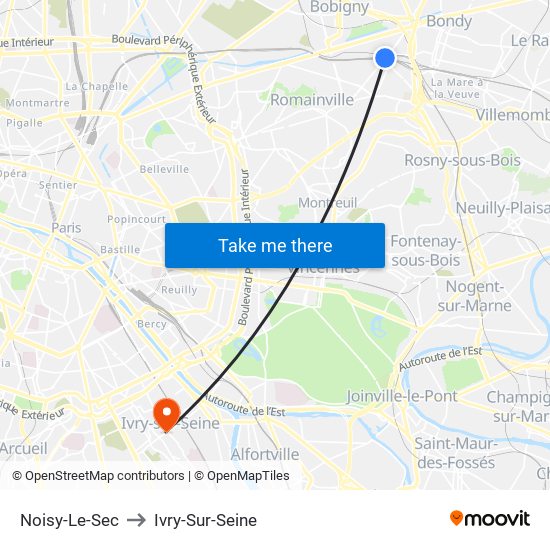 Noisy-Le-Sec to Ivry-Sur-Seine map