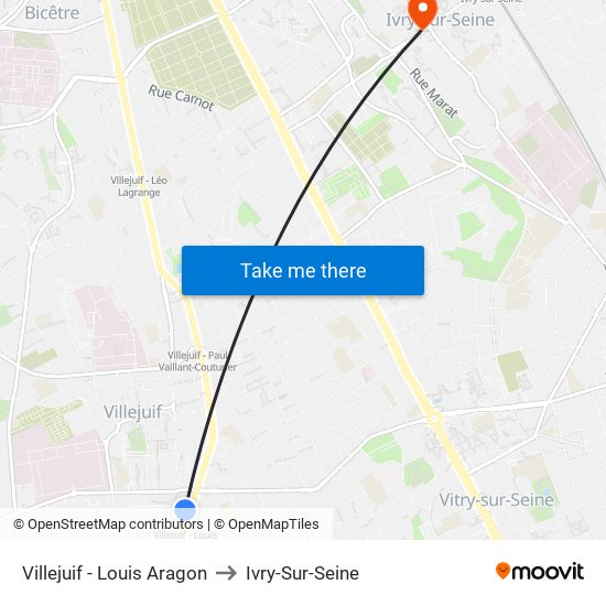 Villejuif - Louis Aragon to Ivry-Sur-Seine map