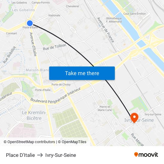 Place D'Italie to Ivry-Sur-Seine map