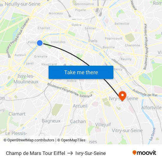 Champ de Mars Tour Eiffel to Ivry-Sur-Seine map