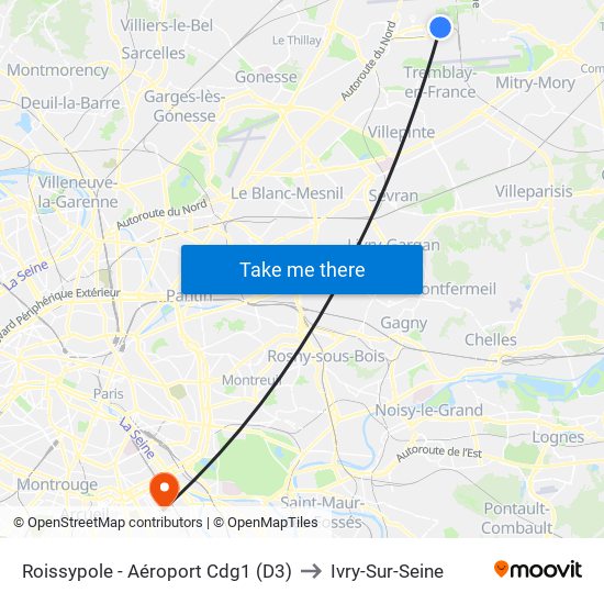 Roissypole - Aéroport Cdg1 (D3) to Ivry-Sur-Seine map