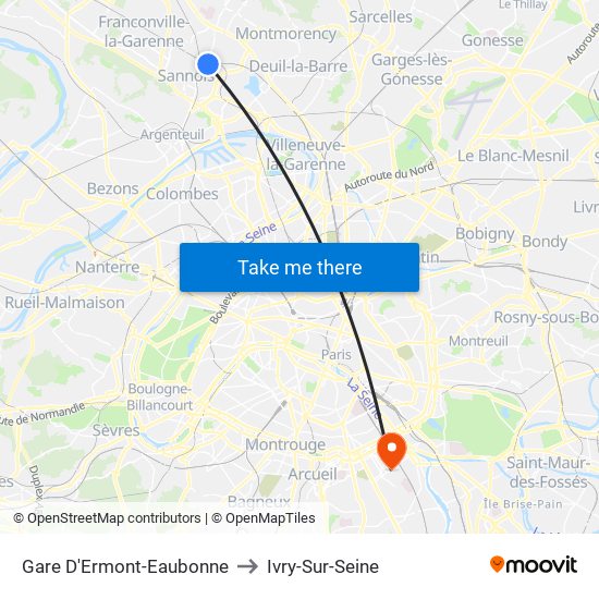 Gare D'Ermont-Eaubonne to Ivry-Sur-Seine map