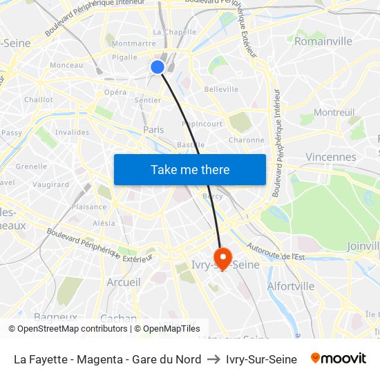 La Fayette - Magenta - Gare du Nord to Ivry-Sur-Seine map