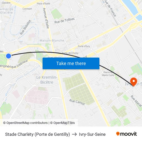 Stade Charléty (Porte de Gentilly) to Ivry-Sur-Seine map