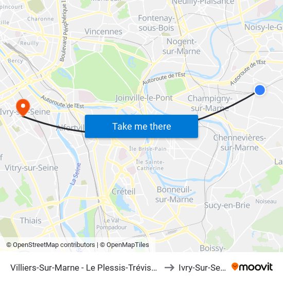 Villiers-Sur-Marne - Le Plessis-Trévise RER to Ivry-Sur-Seine map