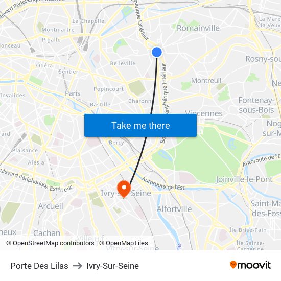 Porte Des Lilas to Ivry-Sur-Seine map