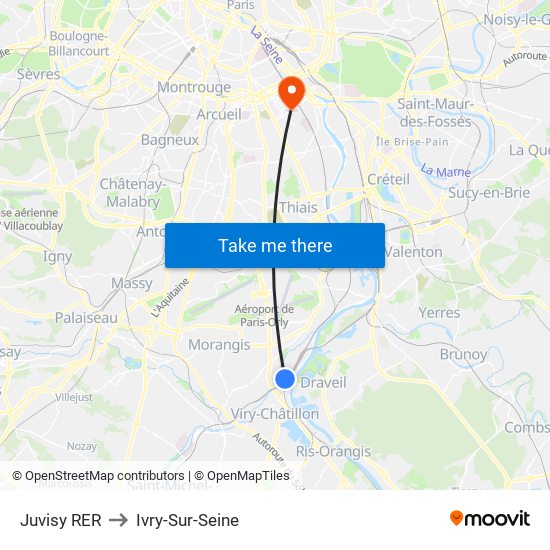 Juvisy RER to Ivry-Sur-Seine map