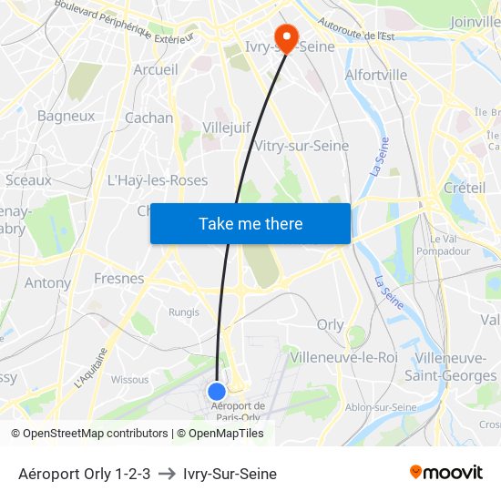 Aéroport Orly 1-2-3 to Ivry-Sur-Seine map